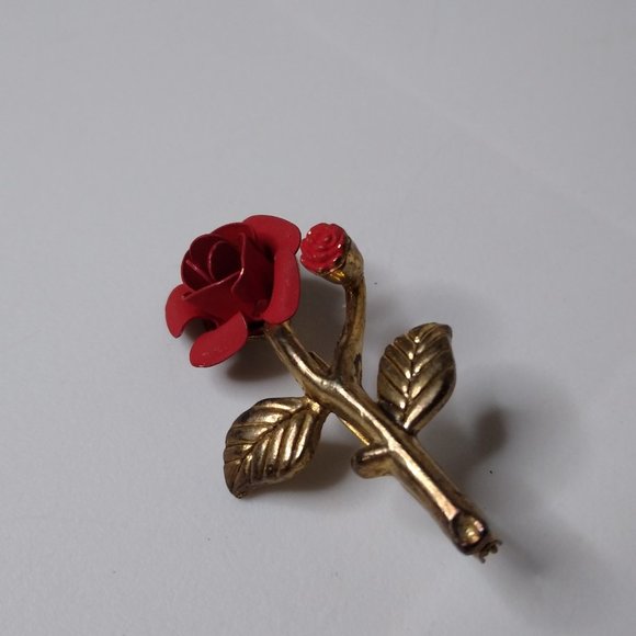 Vintage Little Metal Red Rose Brooch - Picture 3 of 14